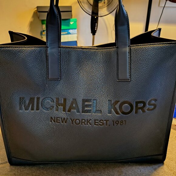 Michael Kors Cooper Logo Embossed Pebbled Leather Tote Bag (Navy Blue) - Picture 1 of 5